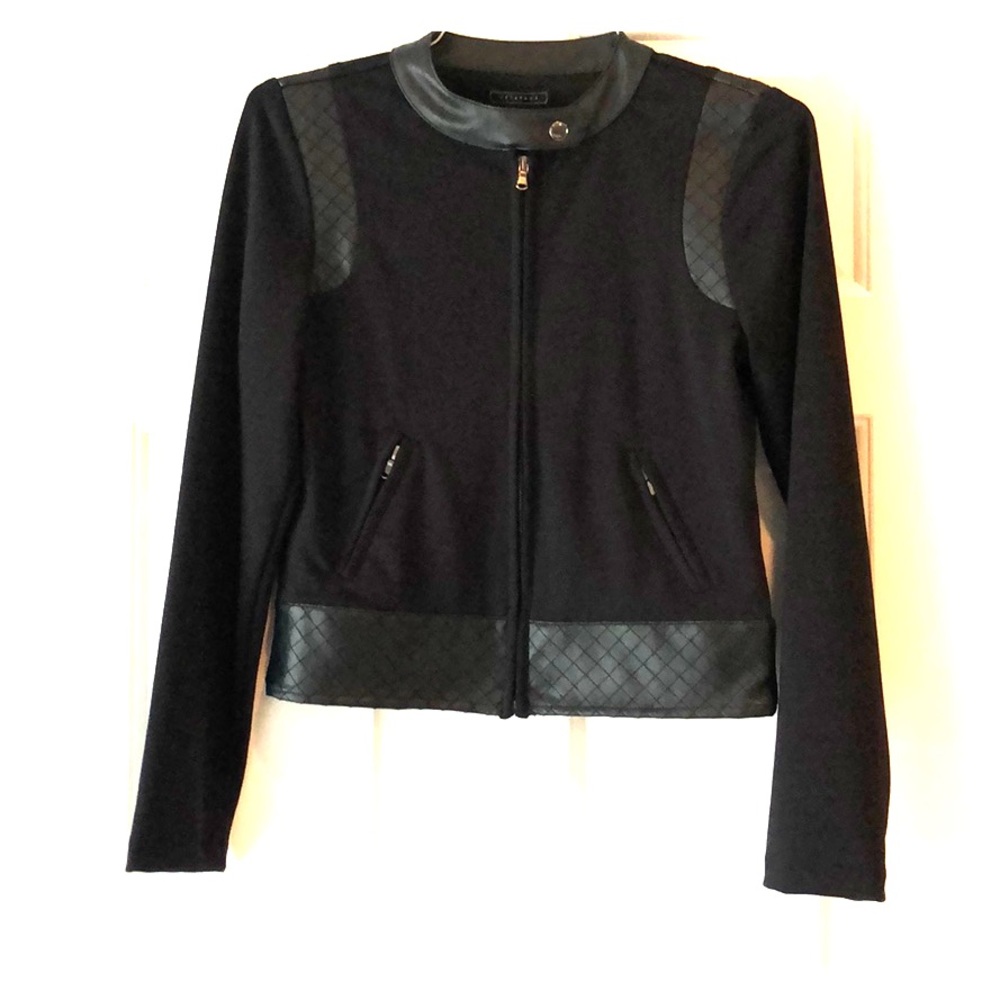 Zip front jacket with leather accent